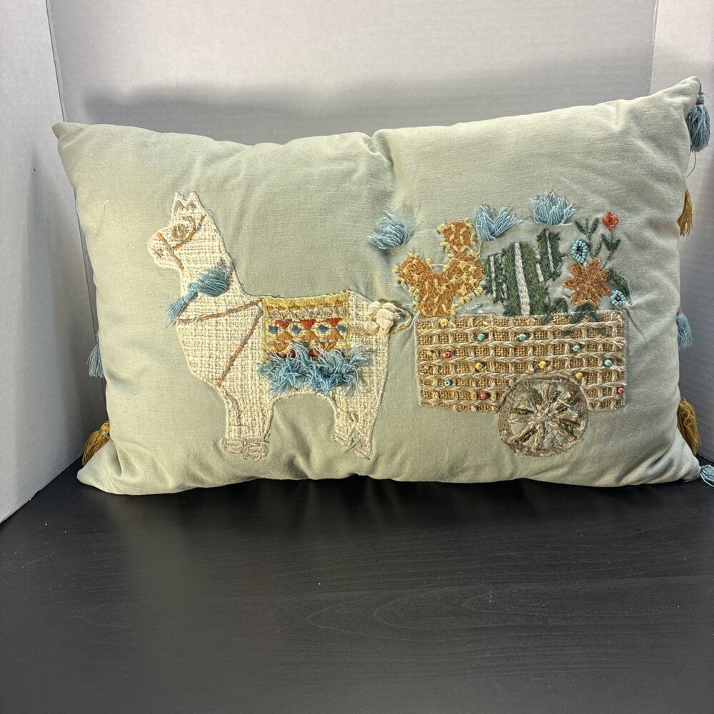 Pier 1 Lumbar Pillow Lama With Cart Textured Tassels Sage Green 20x12"